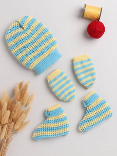Green & Yellow striped woollen cap, mittens and socks set for newborn 0-6 months by Little Angels