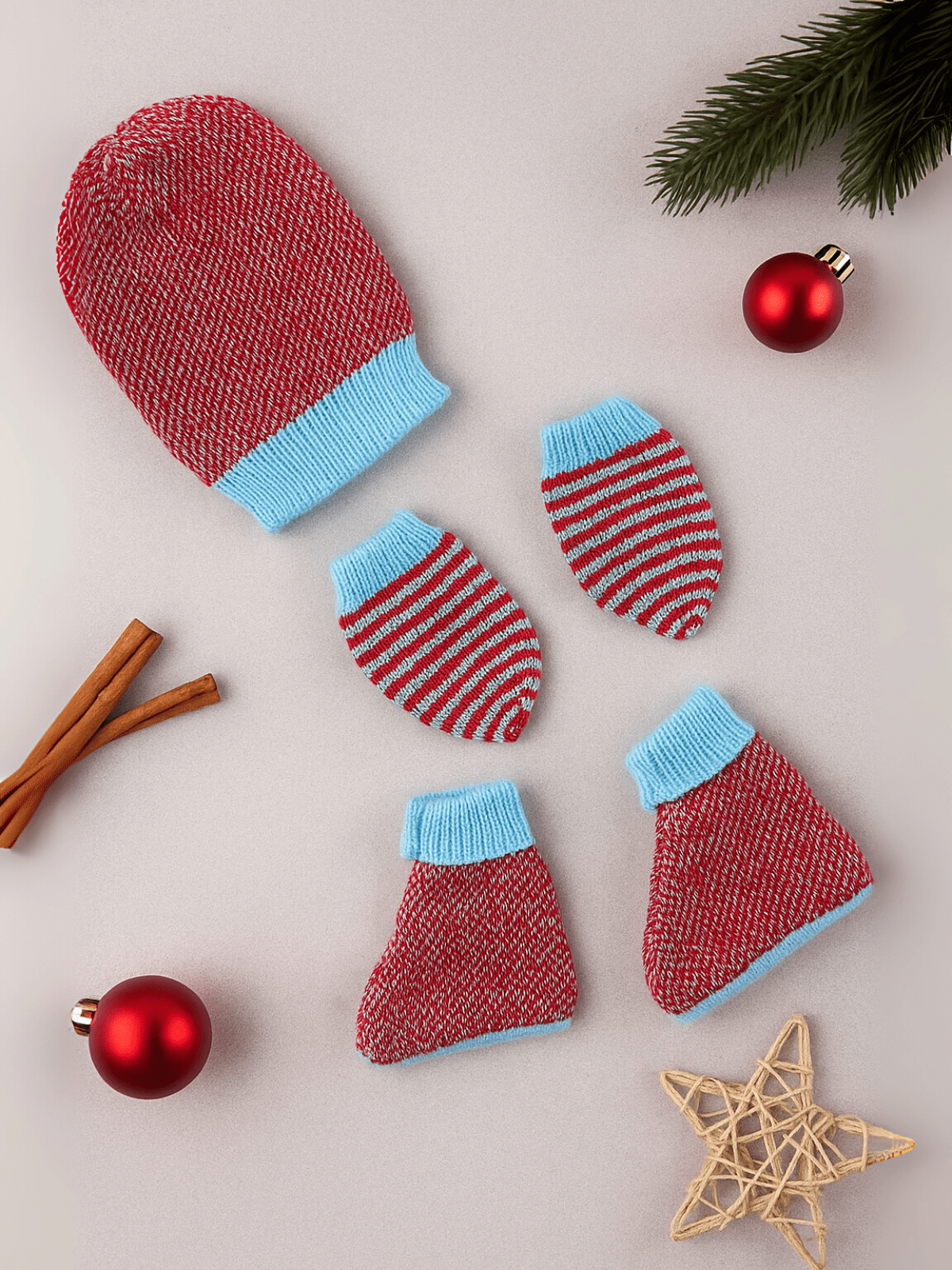 Striped woollen cap, mittens and socks set for newborn 0-6 months, style 4 by Little Angels