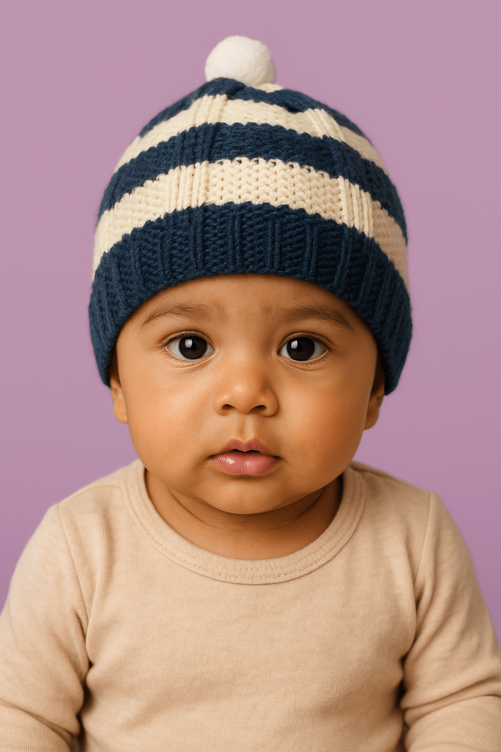 Little Angels Little Angels Baby Wool Striped Pull-On Beanie Cap with Pom Pom For Baby Boys and Girls Cap, Socks & Mittens Handcrafted Striped Winter Beanie