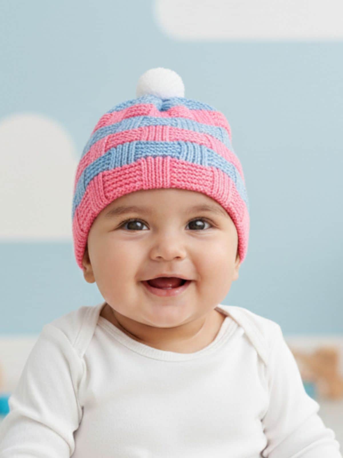 Little Angels Little Angels Baby Wool Striped Pull-On Beanie Cap with Pom Pom For Baby Boys and Girls Cap, Socks & Mittens Handcrafted Striped Winter Beanie