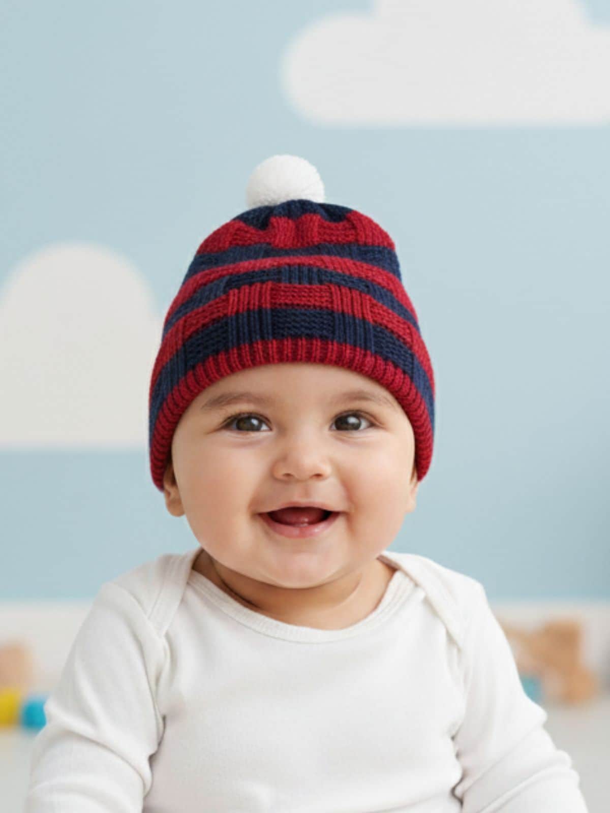 Little Angels Little Angels Baby Wool Striped Pull-On Beanie Cap with Pom Pom For Baby Boys and Girls Cap, Socks & Mittens Handcrafted Striped Winter Beanie