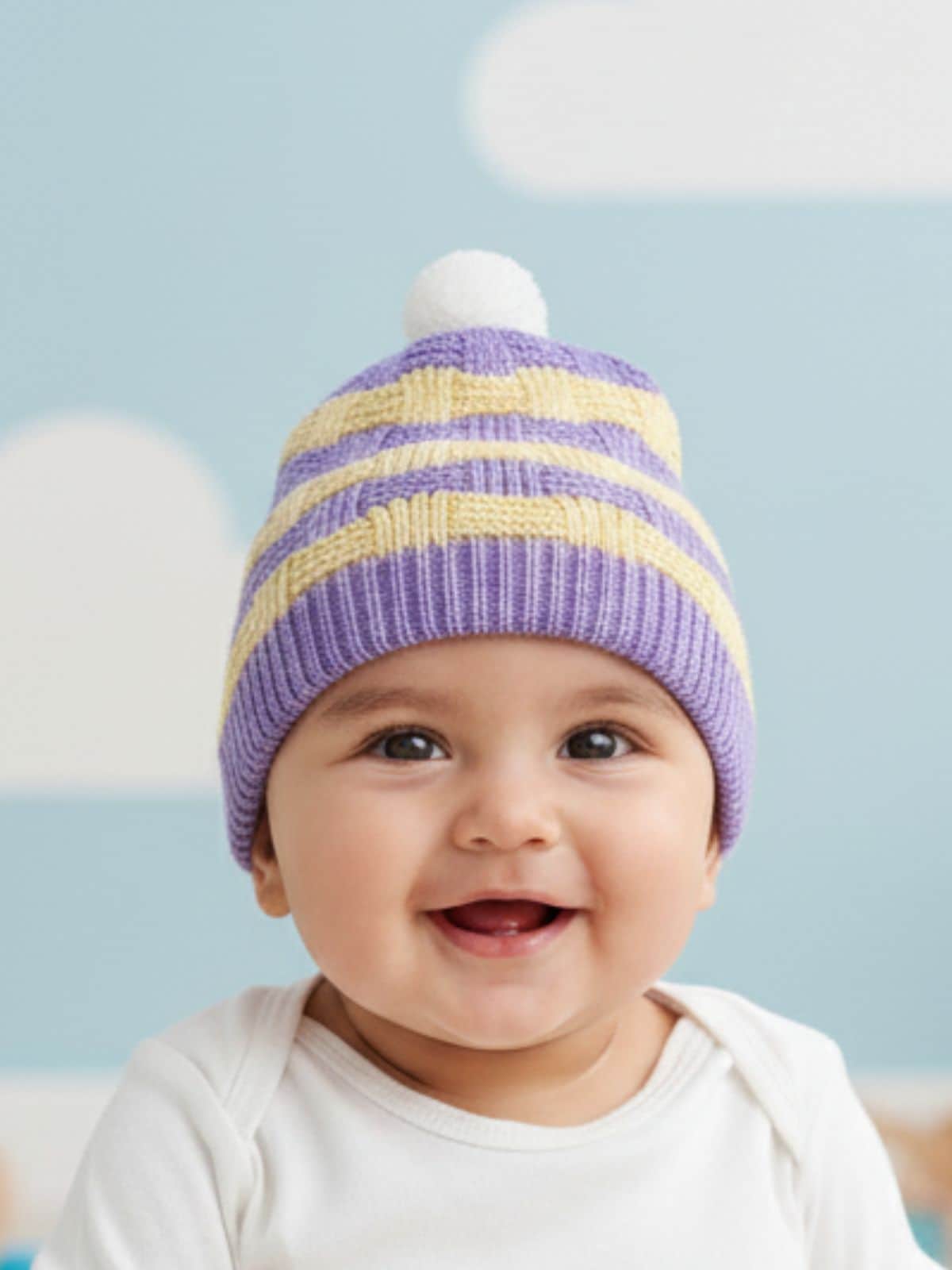 Little Angels Little Angels Baby Wool Striped Pull-On Beanie Cap with Pom Pom For Baby Boys and Girls Cap, Socks & Mittens Handcrafted Striped Winter Beanie