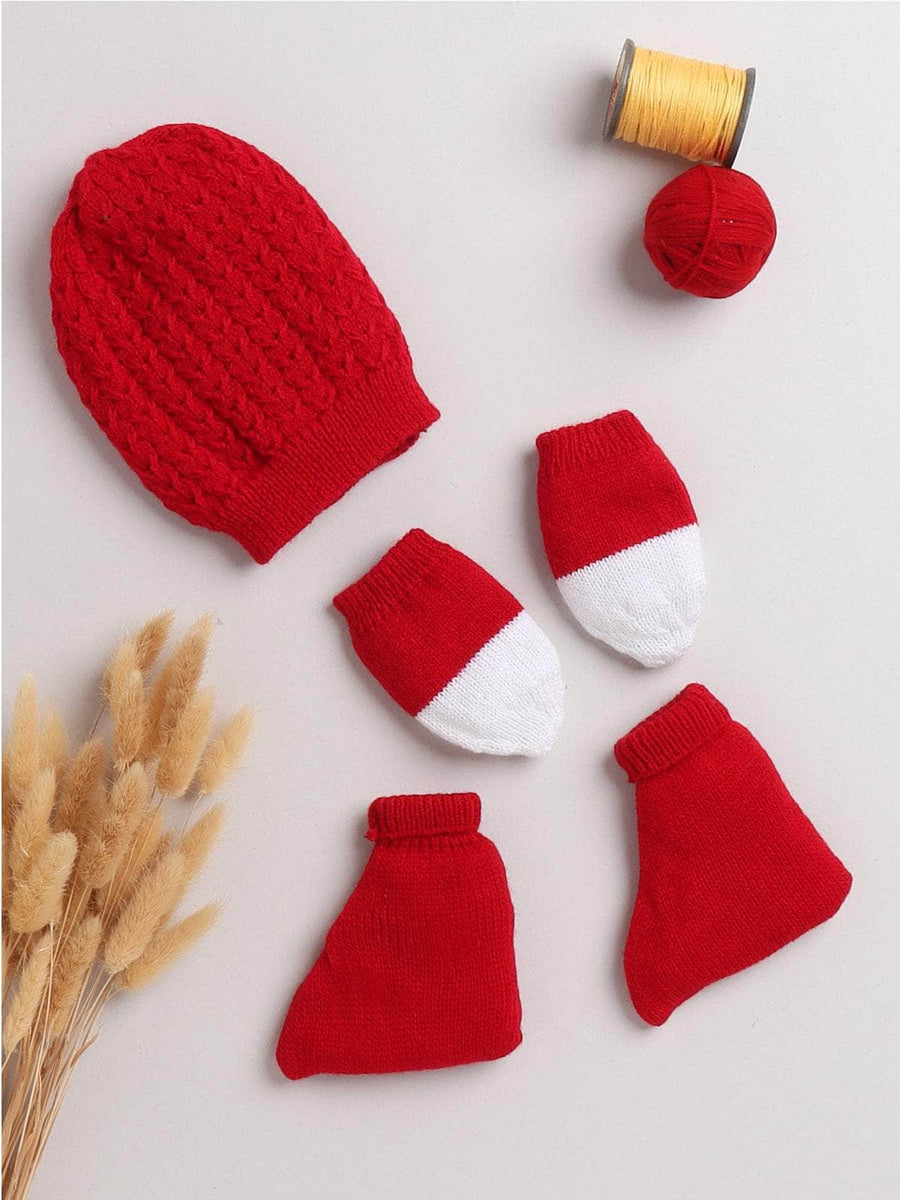 Red woollen cap, mittens and socks set for newborn 0-6 months by Little Angels