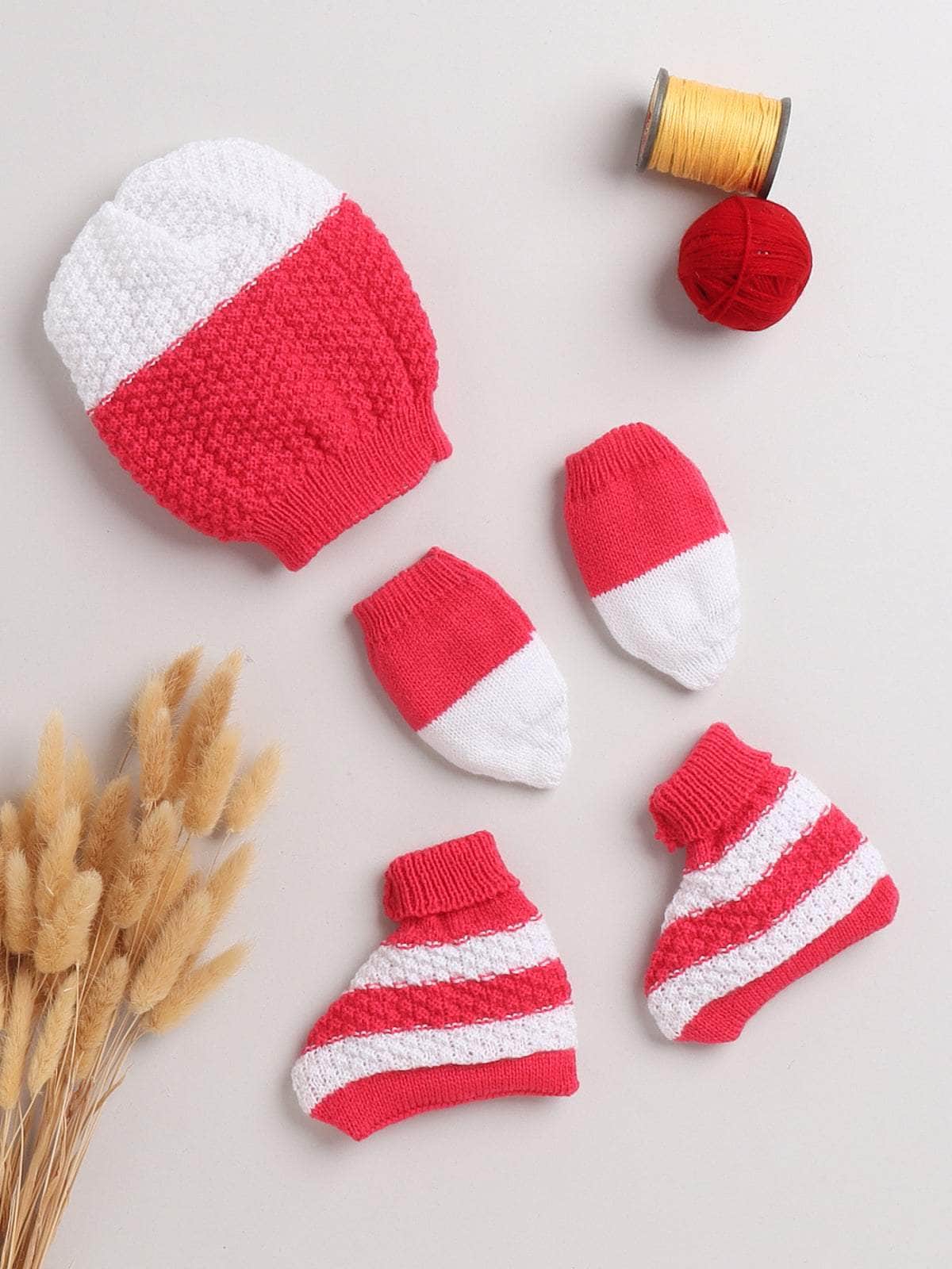 Red colour-block woollen cap, mittens and socks set for newborn 0-6 months by Little Angels