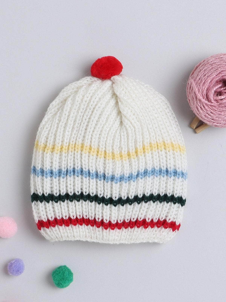 Cream striped woollen beanie cap for newborn 0-5 years by Little Angels