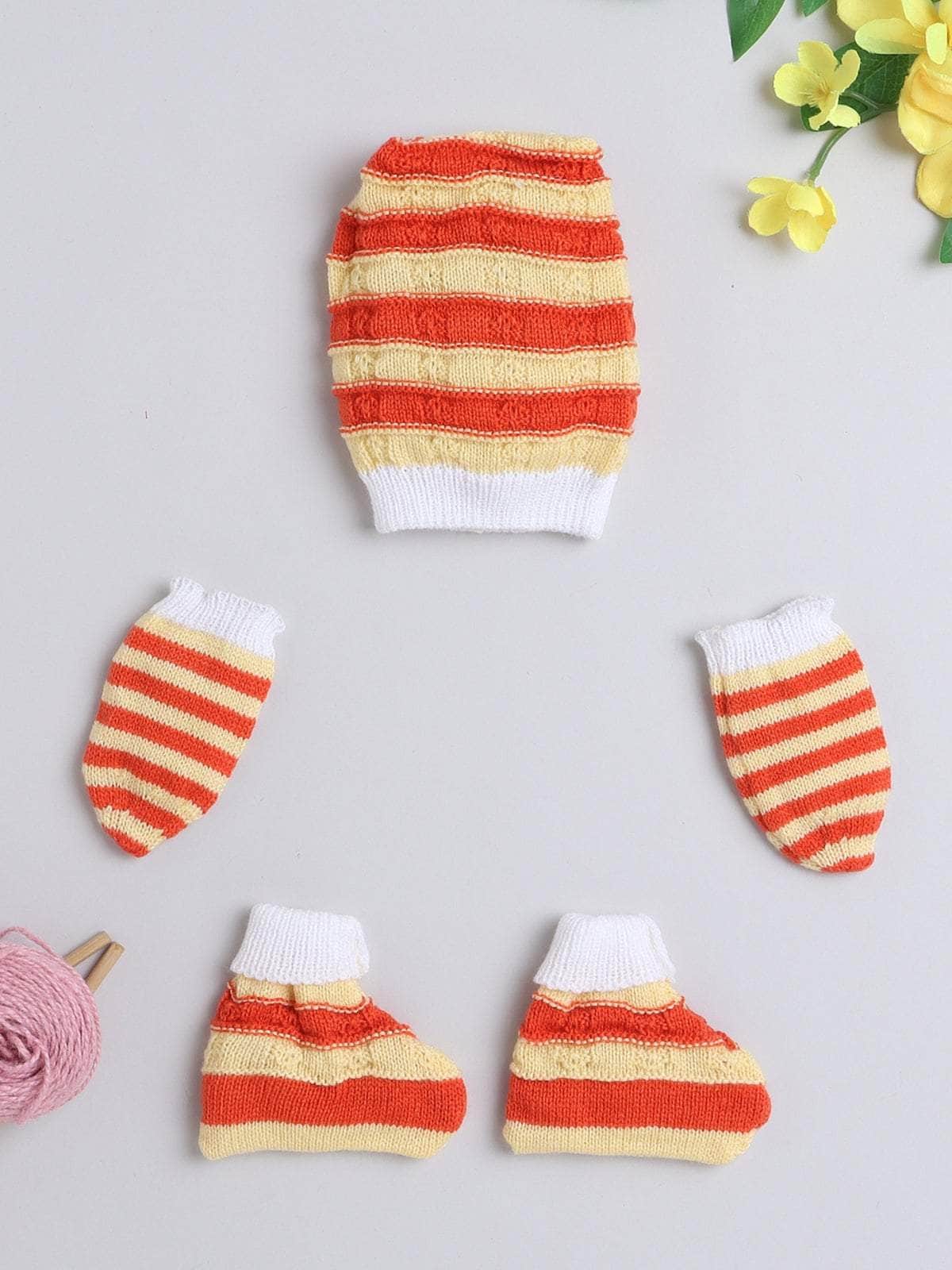 Striped woollen cap, mittens and socks set for newborn 0-6 months, style 3 by Little Angels