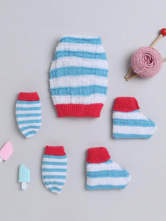 Blue striped woollen cap, mittens and socks set for newborn 0-6 months by Little Angels