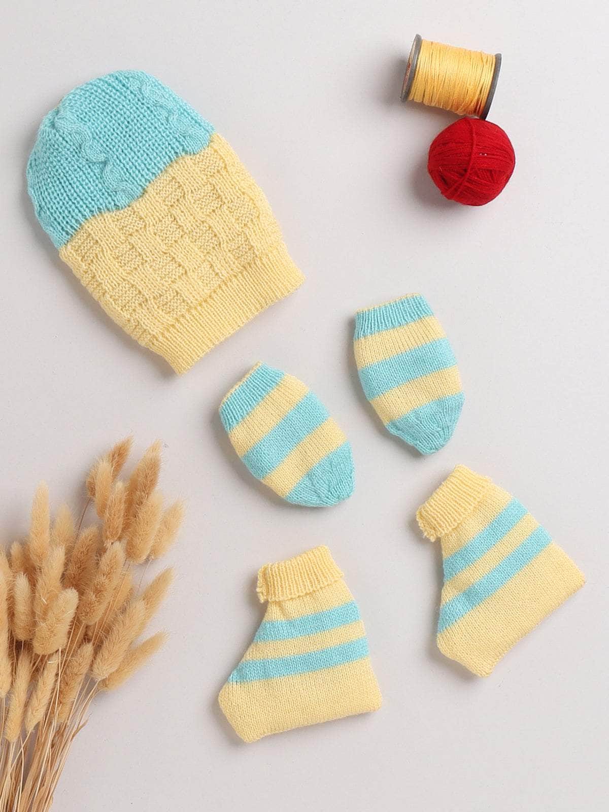 Yellow & Blue colour-block woollen cap, mittens and socks set for newborn 0-6 months by Little Angels