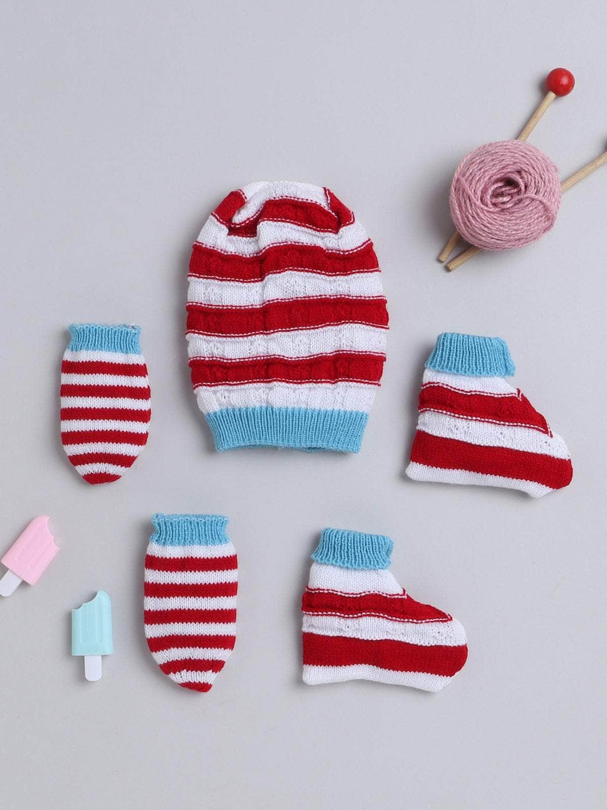 Striped woollen cap, mittens and socks set for newborn 0-6 months, style 2 by Little Angels