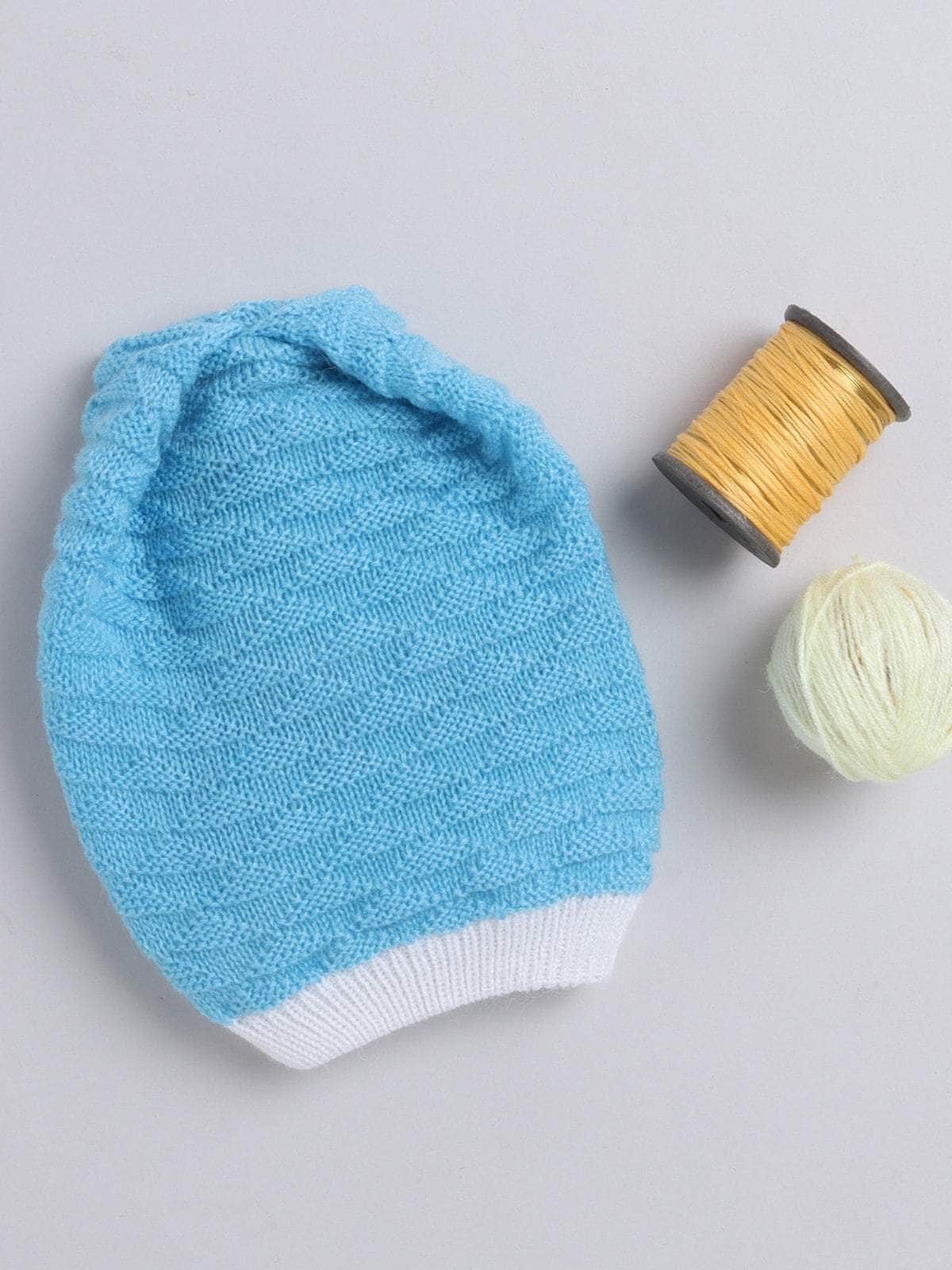 Little Angels Little Angels Baby Wool Textured Pull-On Beanie Cap with Pom Pom For Baby Girls Cap, Socks & Mittens Wavy Knit Textured Winter Cap 0-3M / Blue & White / Baby Wool
