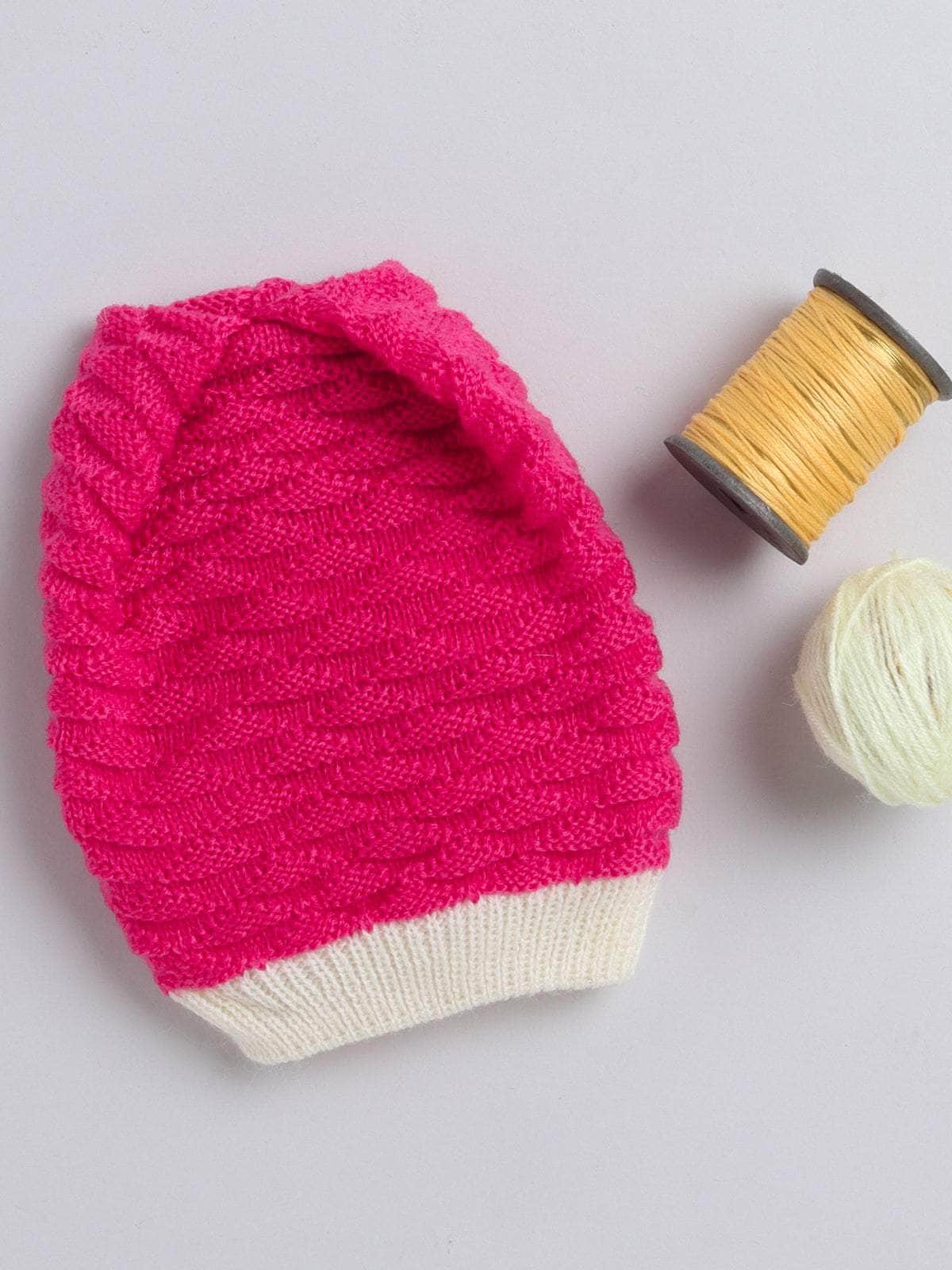 Little Angels Little Angels Baby Wool Textured Pull-On Beanie Cap with Pom Pom For Baby Girls Cap, Socks & Mittens Wavy Knit Textured Winter Cap 0-3M / Fuchsia & Cream / Baby Wool