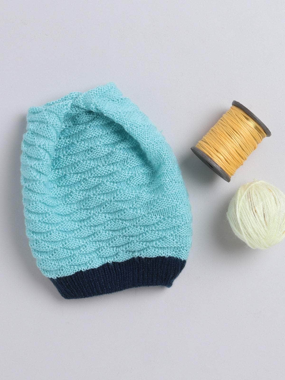 Little Angels Little Angels Baby Wool Textured Pull-On Beanie Cap with Pom Pom For Baby Girls Cap, Socks & Mittens Wavy Knit Textured Winter Cap 0-3M / Green & Navy / Baby Wool