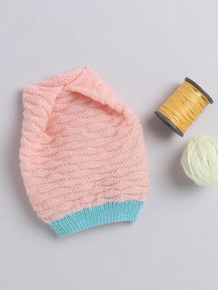 Pink & Green textured knit woollen beanie cap for newborn 0-12 months by Little Angels
