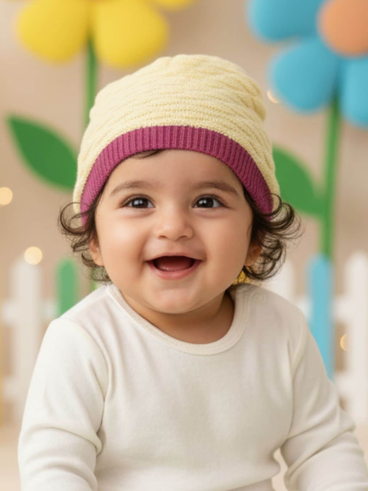 Little Angels Little Angels Baby Wool Textured Pull-On Beanie Cap with Pom Pom For Baby Girls Cap, Socks & Mittens Wavy Knit Textured Winter Cap
