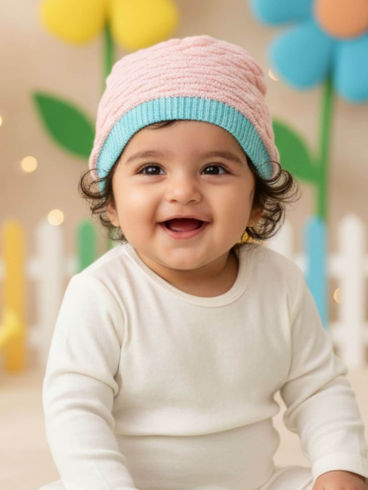 Little Angels Little Angels Baby Wool Textured Pull-On Beanie Cap with Pom Pom For Baby Girls Cap, Socks & Mittens Wavy Knit Textured Winter Cap