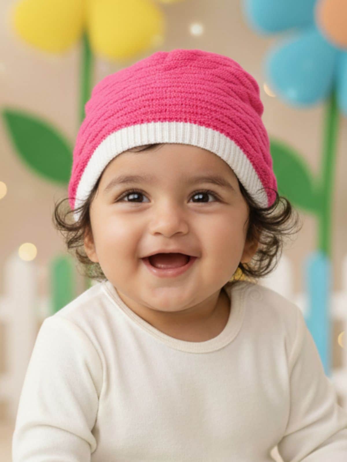 Little Angels Little Angels Baby Wool Textured Pull-On Beanie Cap with Pom Pom For Baby Girls Cap, Socks & Mittens Wavy Knit Textured Winter Cap