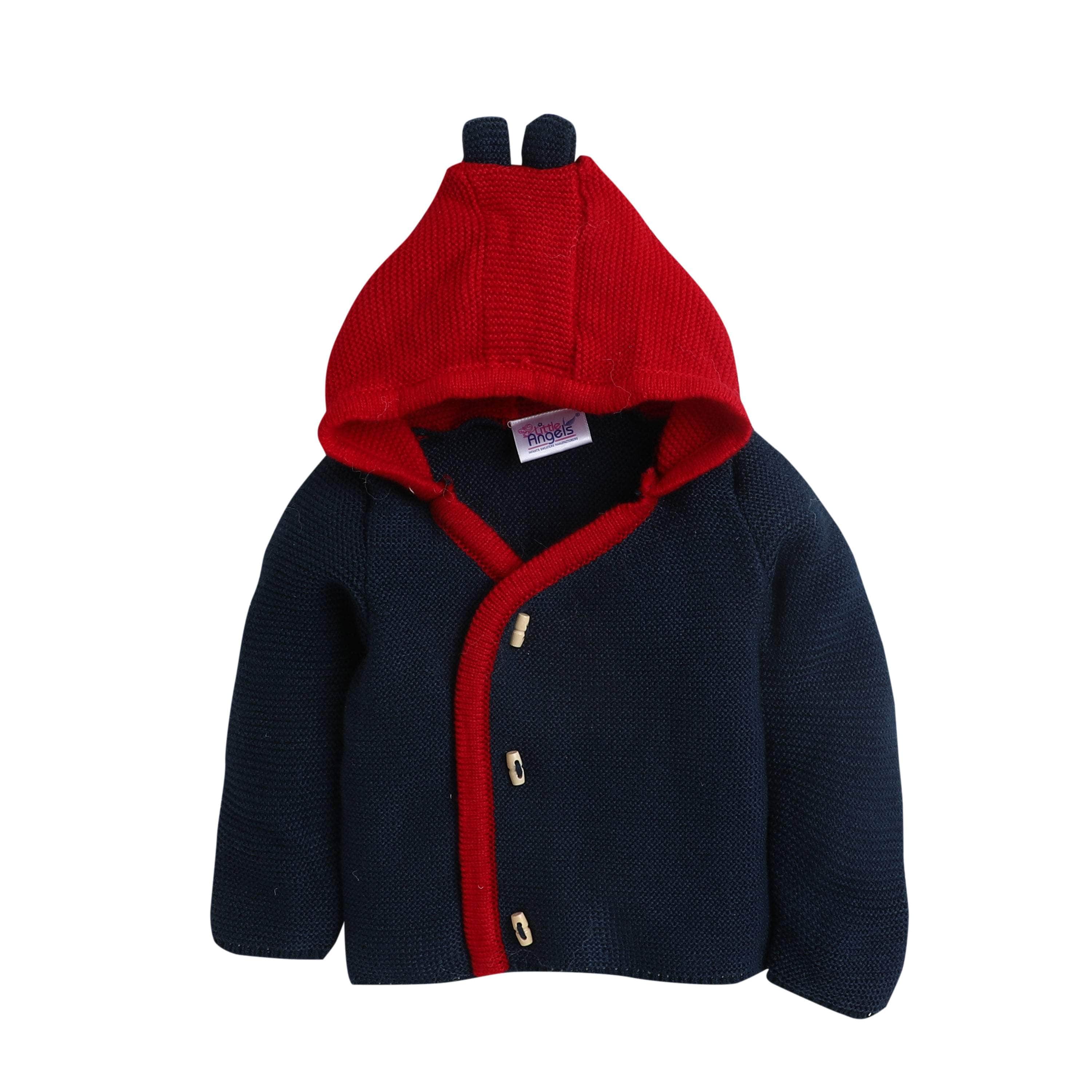 Little Angels Little Angels Baby Wool Hooded Neck Full Sleeves Color-Block Cardigan Sweater For Baby Boys and Girls Cardigan Buttoned Up with Bear Hugs Cardigan 6-12M / Navy & Red / Baby Wool