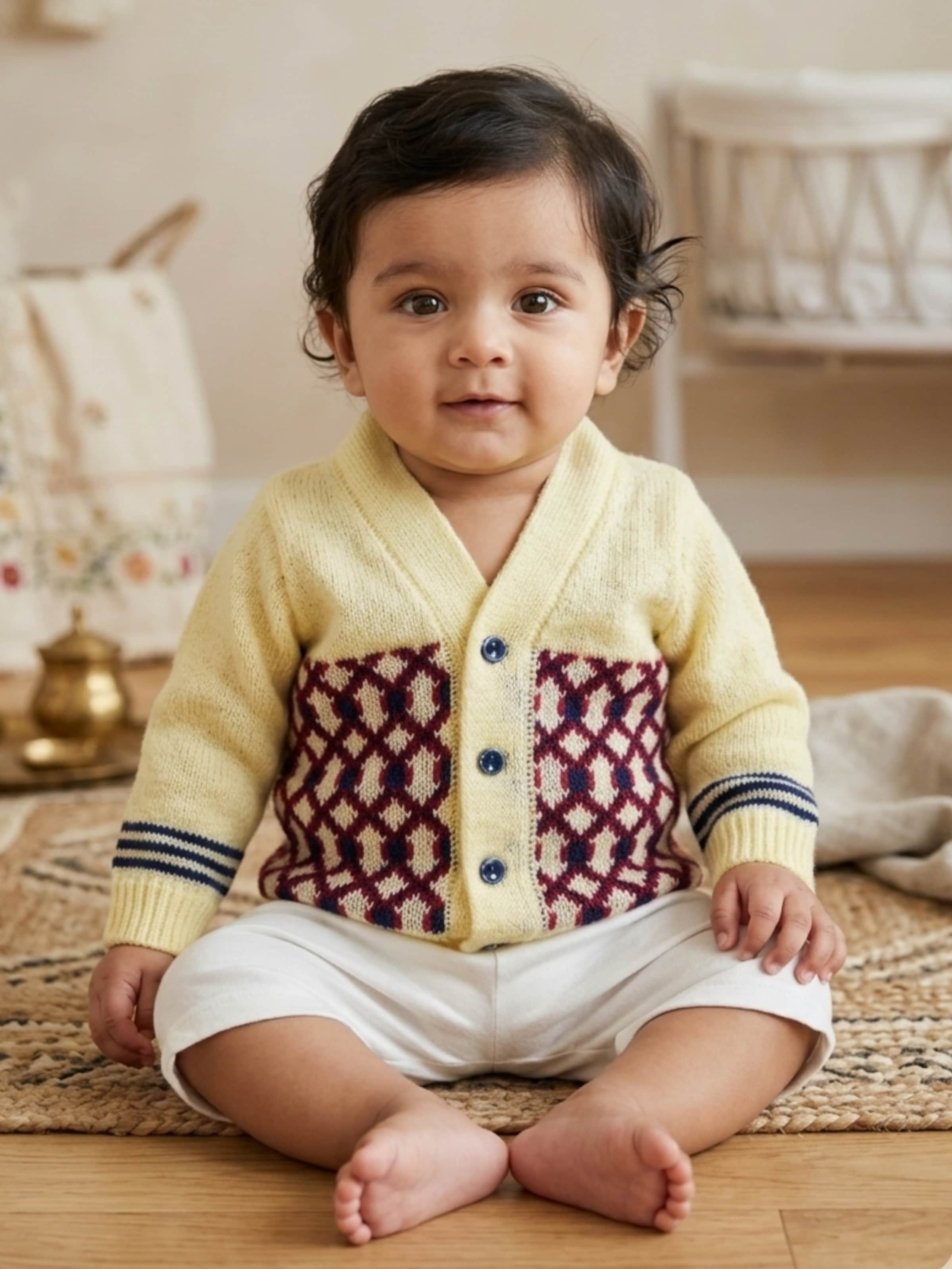 Little Angels Woolen Baby Cardigan Cardigan Classic Knit Woolen Baby Cardigan 3-6 M / Cream & Navy / Soft Wool