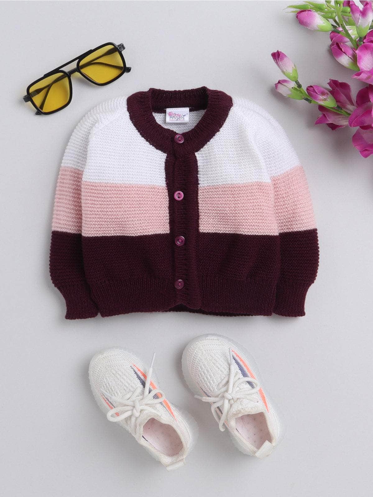Maroon cable knit woollen baby cardigan for newborn 0-12 months by Little Angels