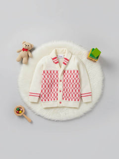 Cream & Fuchsia diamond knit woollen baby cardigan for toddler 1-2 years by Little Angels