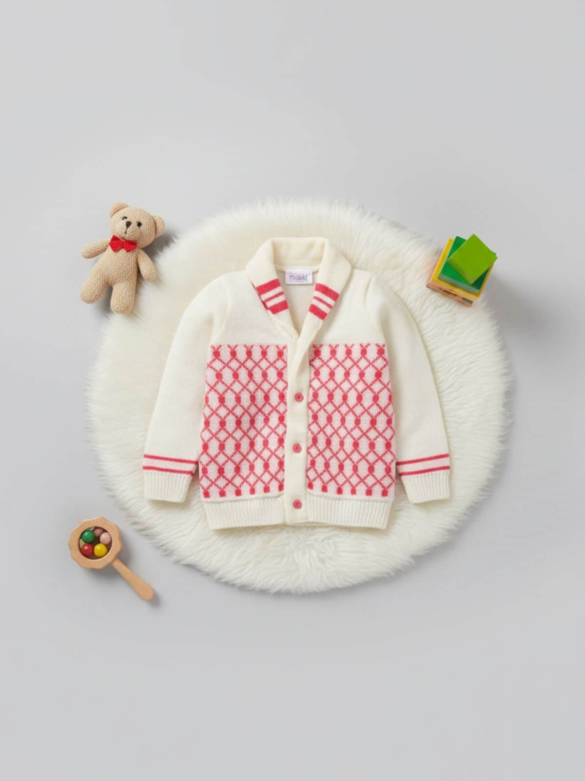 Cream & Fuchsia diamond knit woollen baby cardigan for toddler 1-2 years by Little Angels