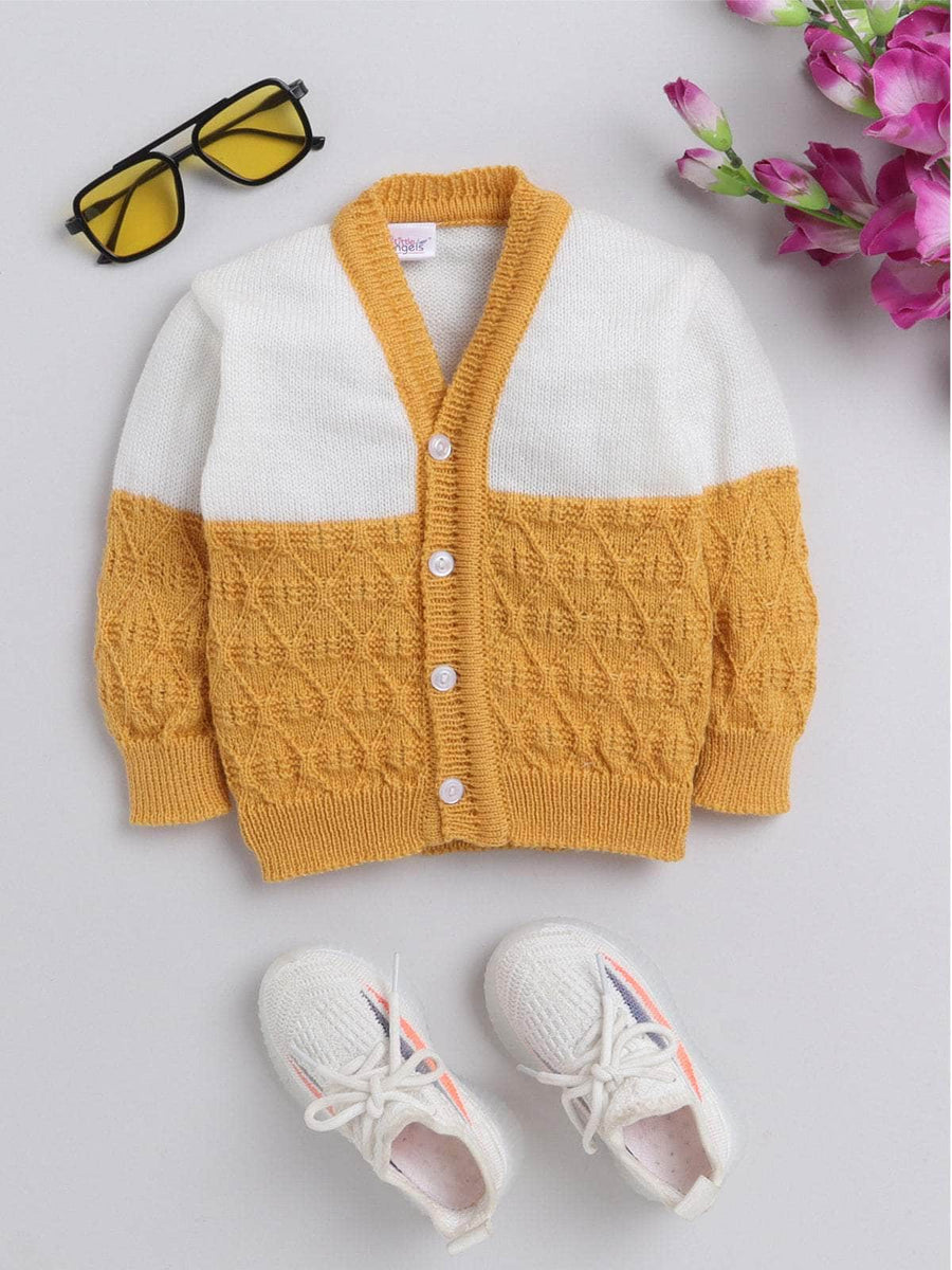 Mustard diamond knit woollen baby cardigan for newborn 0-2 years by Little Angels