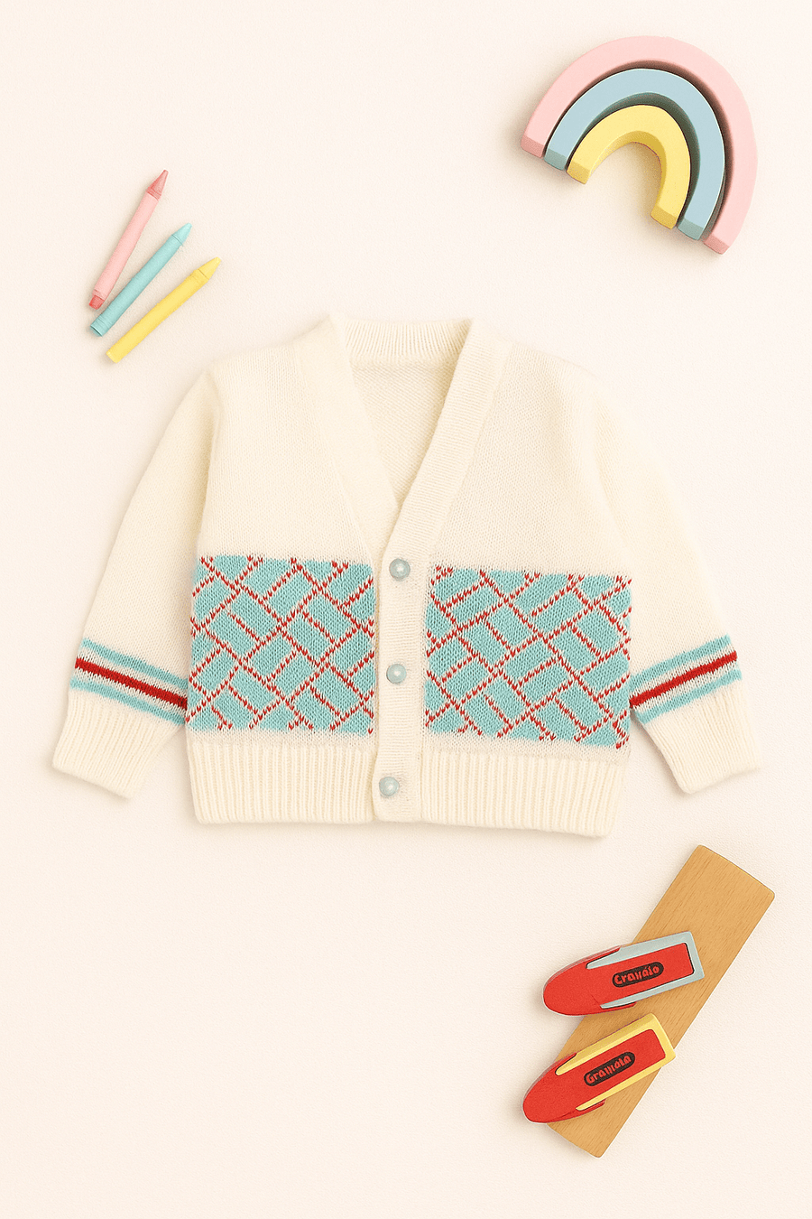 White & Green striped woollen baby cardigan for baby 3-12 months by Little Angels