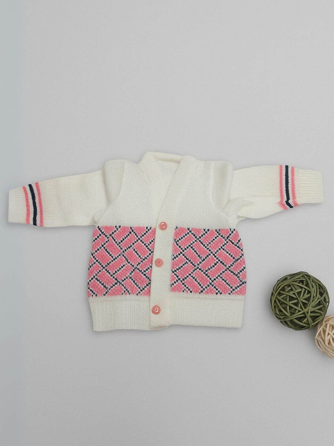 Little Angels Tiny Trendsetter Geometric Cardigan Cardigan Tiny Trendsetter Geometric Cardigan White & NeonPink / 0-3 M / Baby Wool