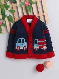Navy car motif woollen baby cardigan for newborn 0-2 years by Little Angels