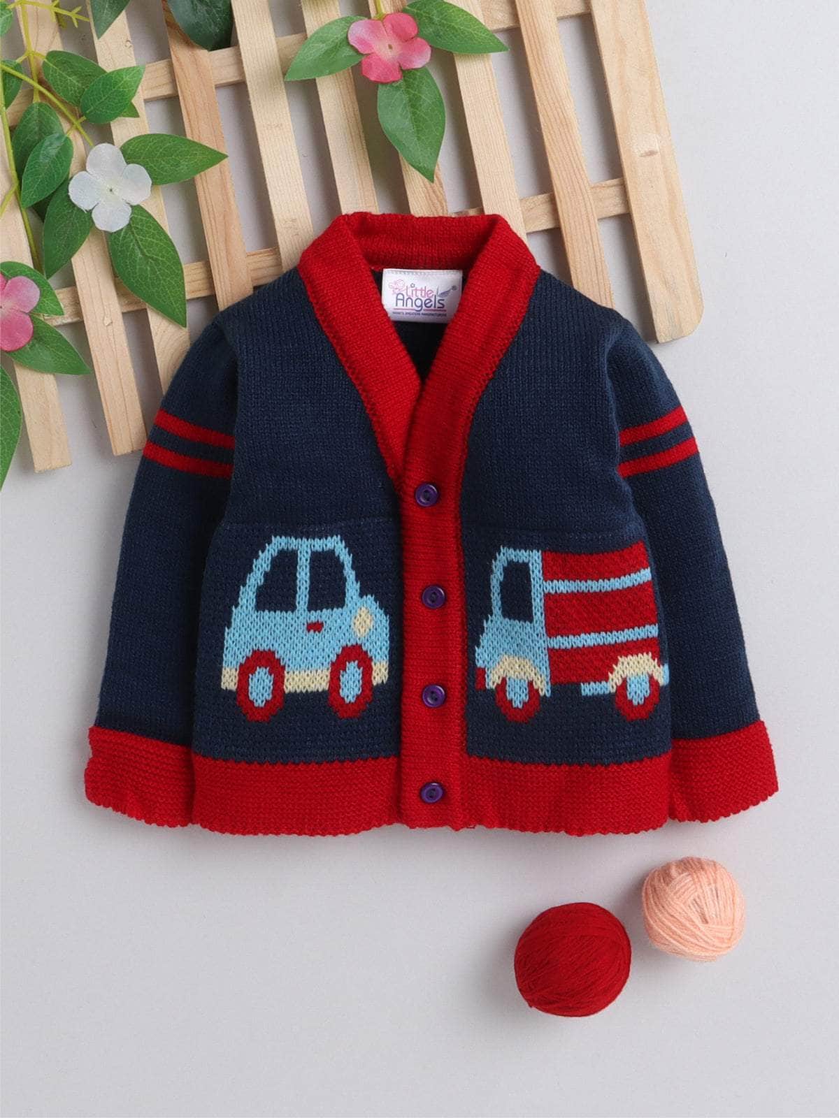 Navy car motif woollen baby cardigan for newborn 0-2 years by Little Angels