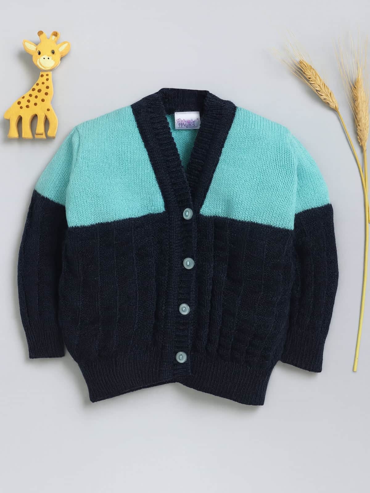 Navy & Green colour-block woollen baby cardigan for newborn 0-2 years by Little Angels