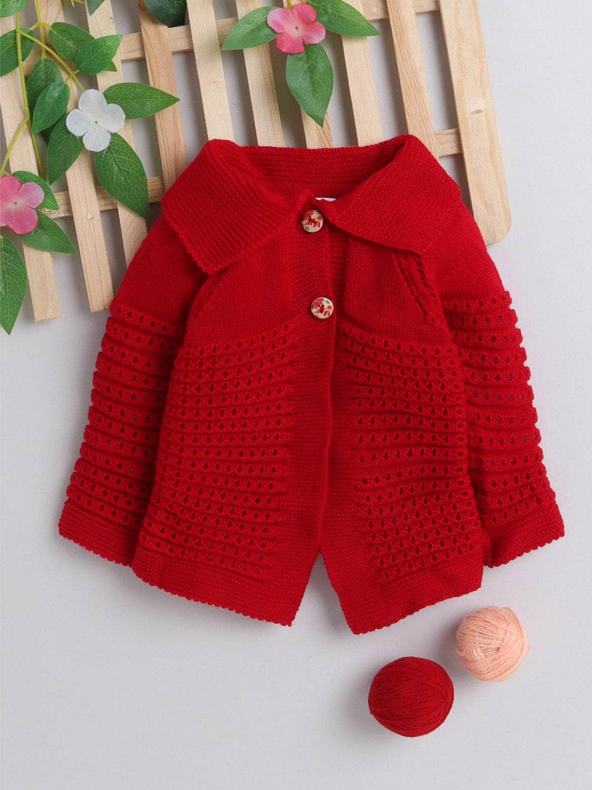 Little Angels Little Angels Baby Wool Collared Neck Full Sleeves Lace Rib Cardigan Sweater For Baby Girls Cardigan Twinkle Pop Eyelet Knit Cardigan 0-3M / Red / Baby Wool