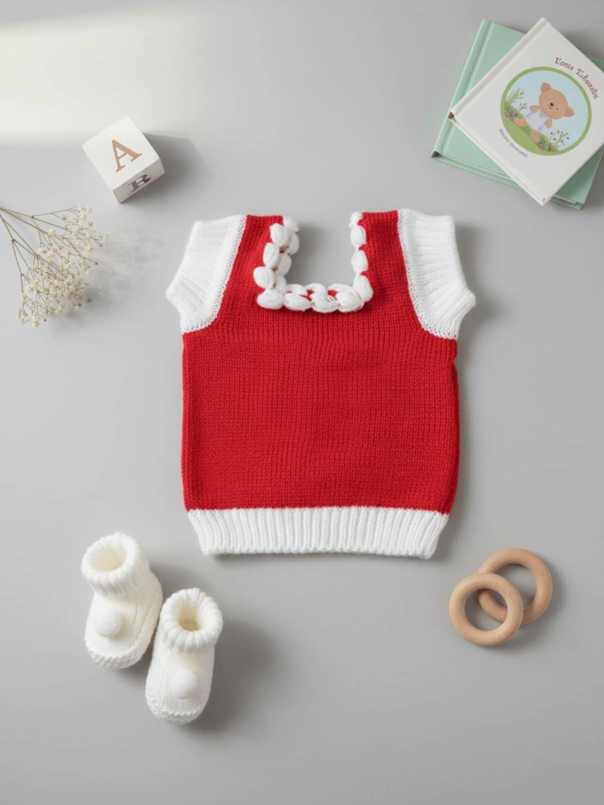 Little Angels Baby Wool - Sleeveless Vest for 0-12M Cloud Trim Cozy Knitwear 0-3 M / Red / Baby Wool