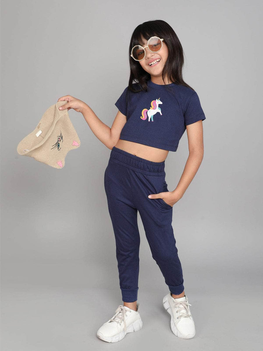 Little Angels Little Angels Crew Neck Half Sleeves Navy Cotton Printed Crop Top with Joggers For Baby Girls Co-ords Dream & Shine Unicorn Print Set