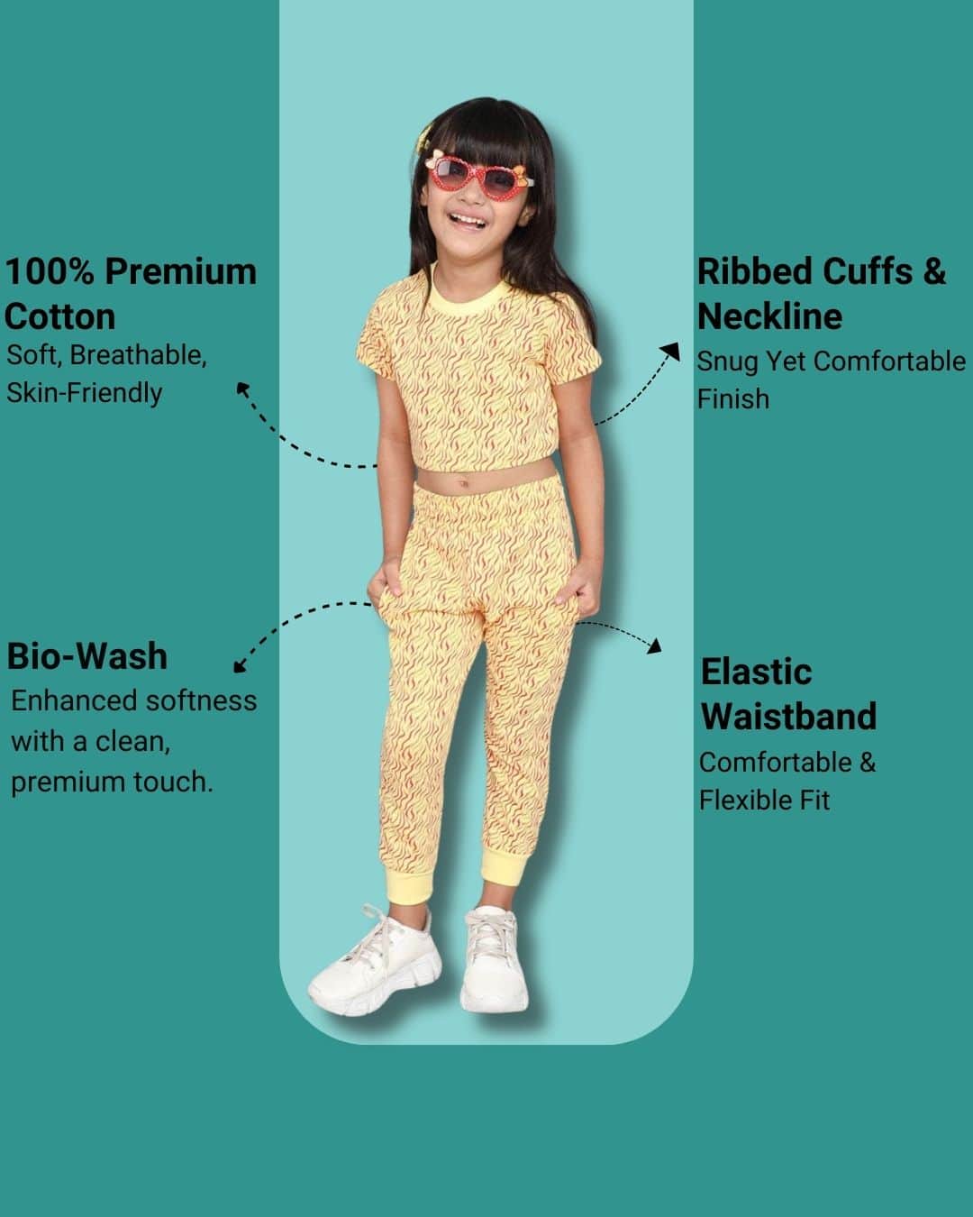 Little Angels Little Angels Crew Neck Short Sleeves Yellow Cotton Printed Crop Top with Joggers For Baby Girls Co-ords Girls Printed Crop Top & Jogger Set – Yellow Casual Co-Ord Outfit