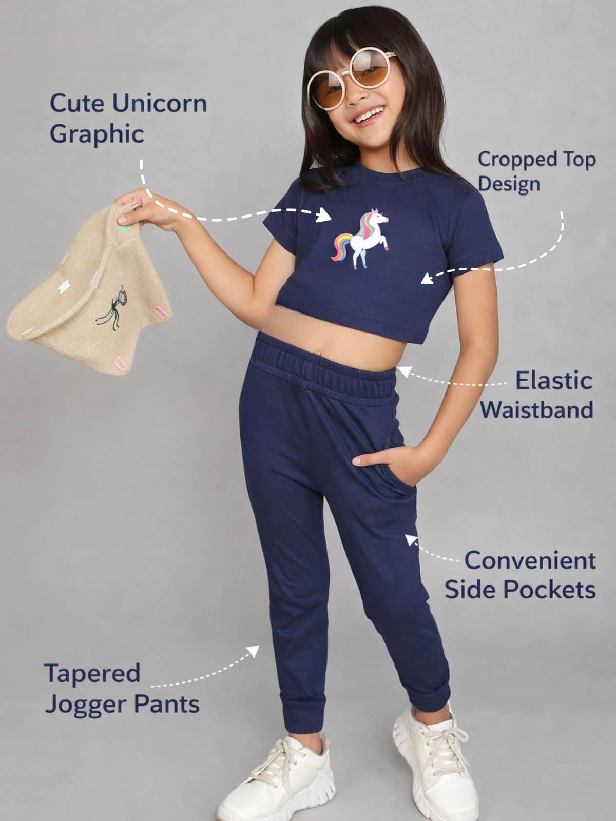 Little Angels Little Angels Crew Neck Half Sleeves Navy Cotton Printed Crop Top with Joggers For Baby Girls Co-ords Girls Unicorn Printed Crop Top & Jogger Set