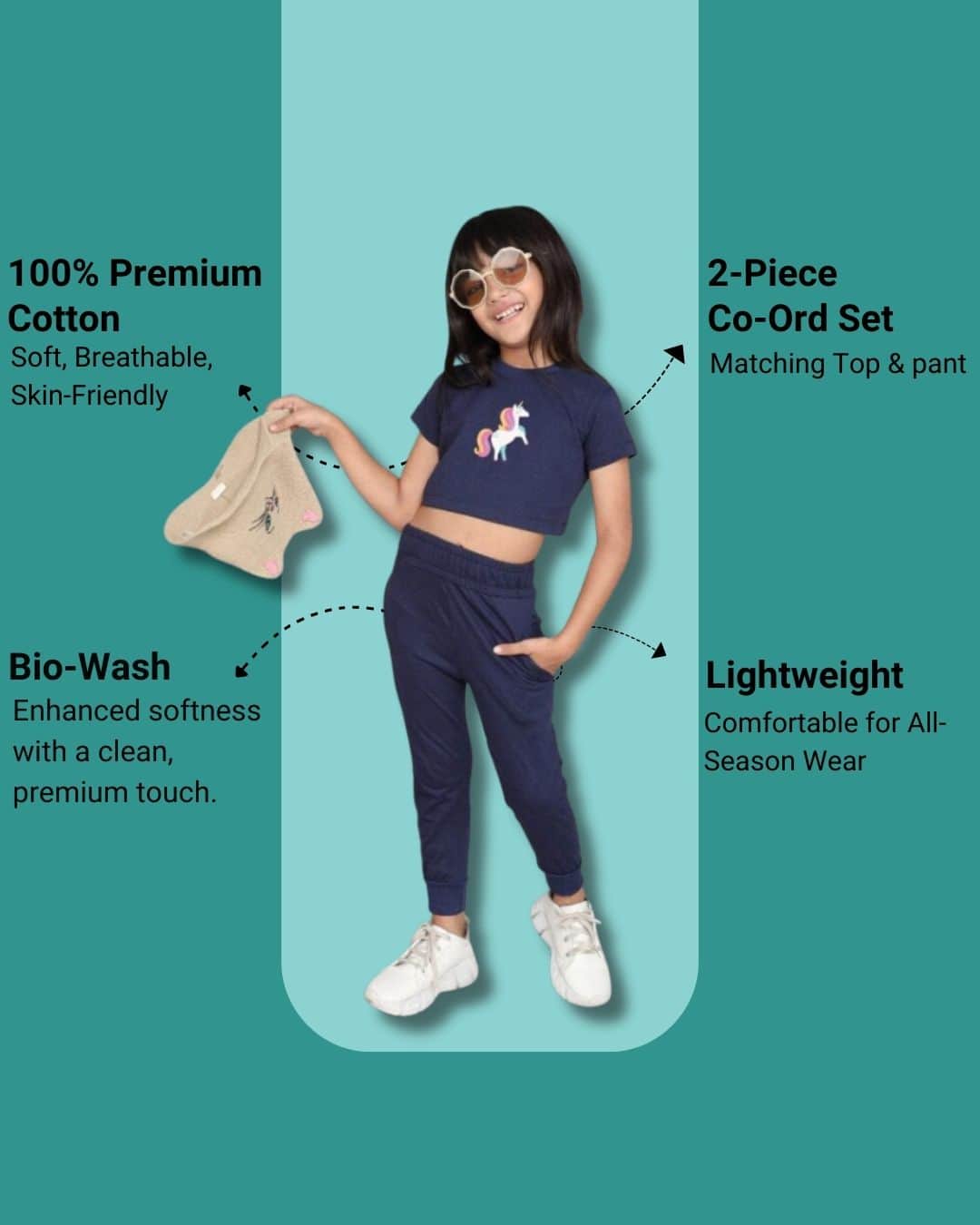 Little Angels Little Angels Crew Neck Half Sleeves Navy Cotton Printed Crop Top with Joggers For Baby Girls Co-ords Girls Unicorn Printed Crop Top & Jogger Set