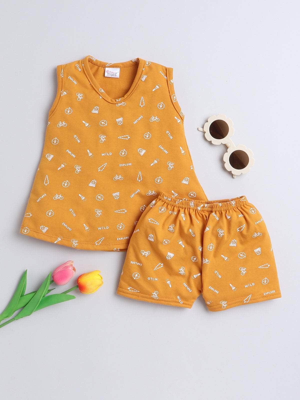 Little Angels Little Angels Scoop Neck Cotton Mustard Sleeveless Printed Top with Bloomer Set For Baby Girls Co-ords Peekaboo Play Top & Bloomer Set