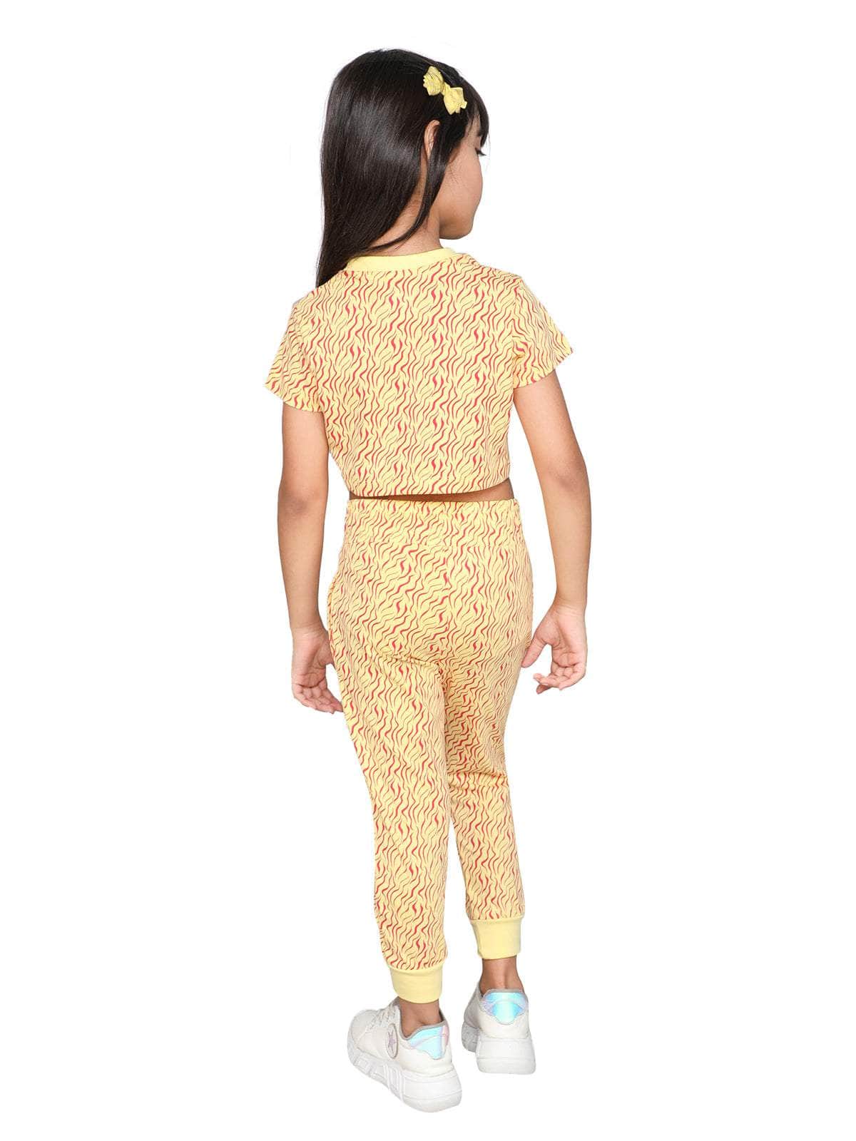 Little Angels Little Angels Crew Neck Short Sleeves Yellow Cotton Printed Crop Top with Joggers For Baby Girls Co-ords Trendy Twos Cotton Co-ord Set