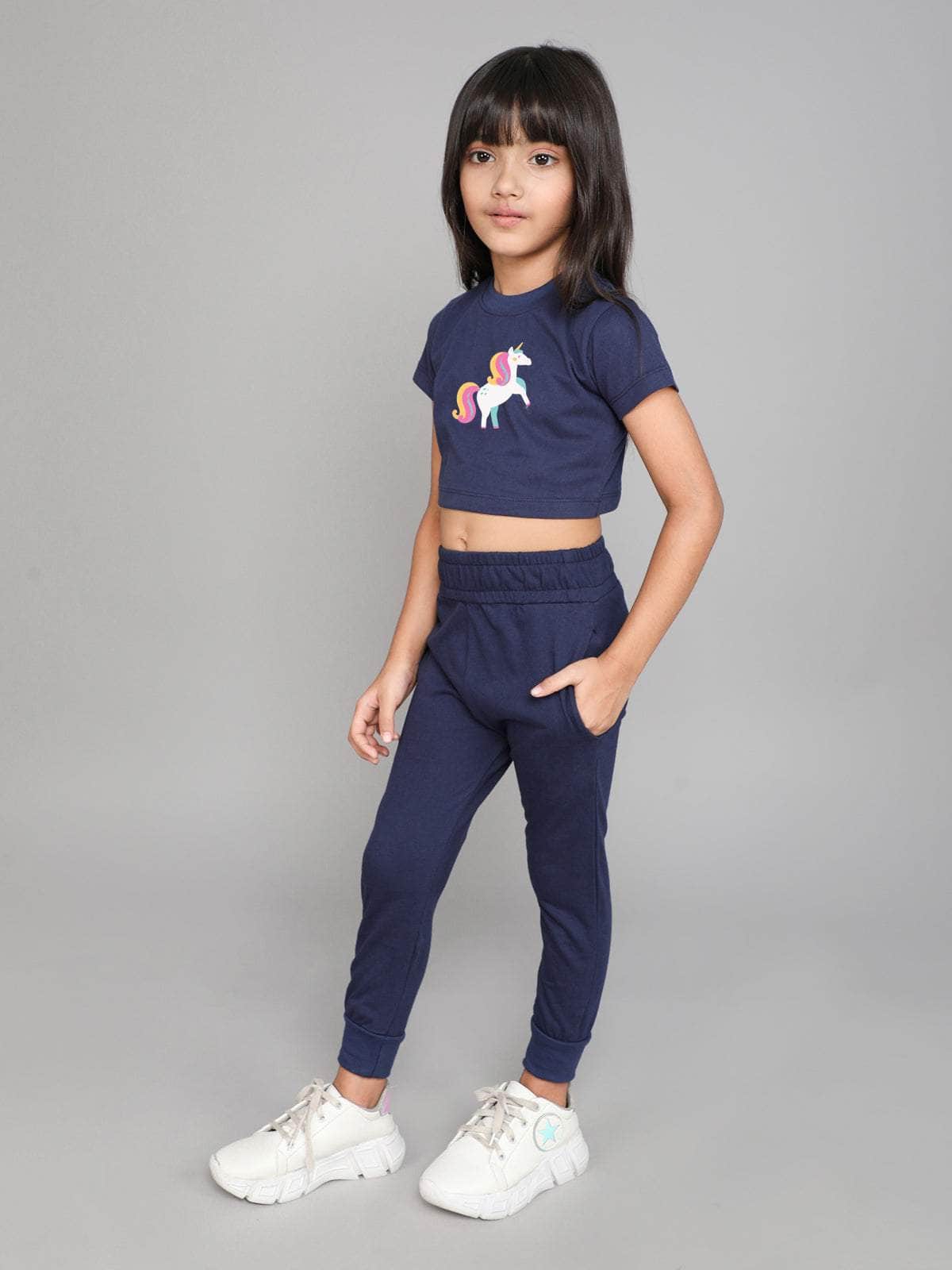 Little Angels Little Angels Crew Neck Short Sleeves Yellow Cotton Printed Crop Top with Joggers For Baby Girls Co-ords Trendy Twos Cotton Co-ord Set