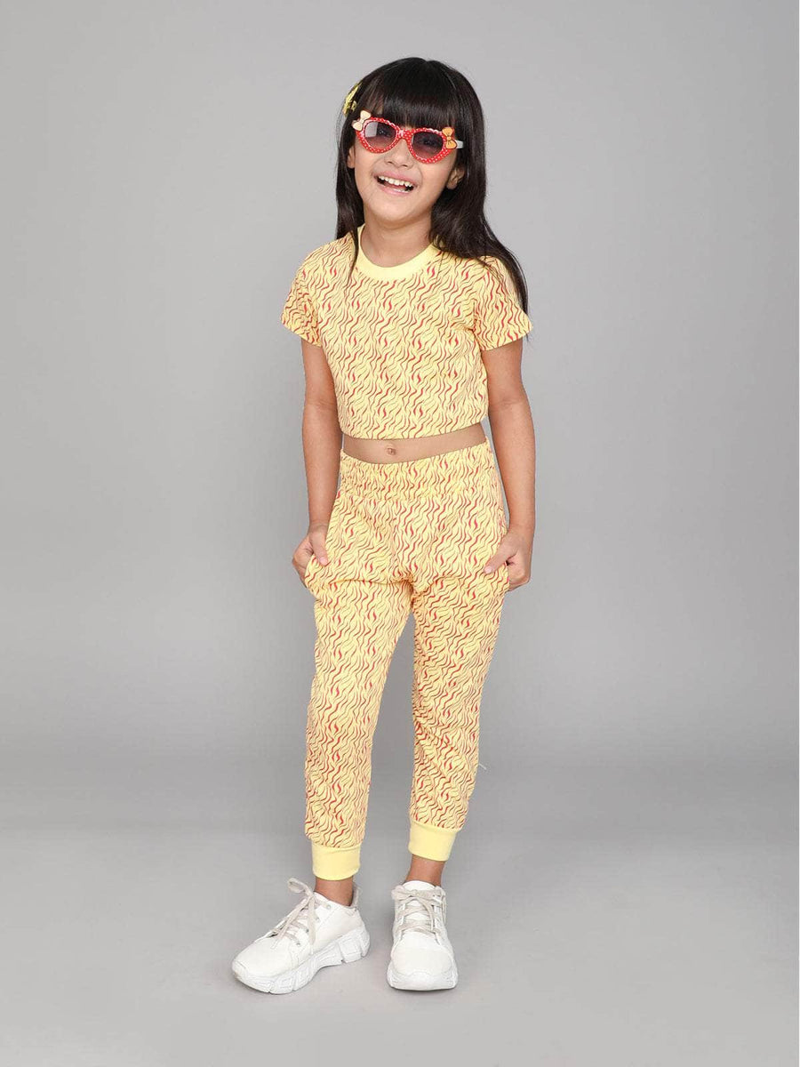 Little Angels Little Angels Crew Neck Short Sleeves Yellow Cotton Printed Crop Top with Joggers For Baby Girls Co-ords Trendy Twos Cotton Co-ord Set