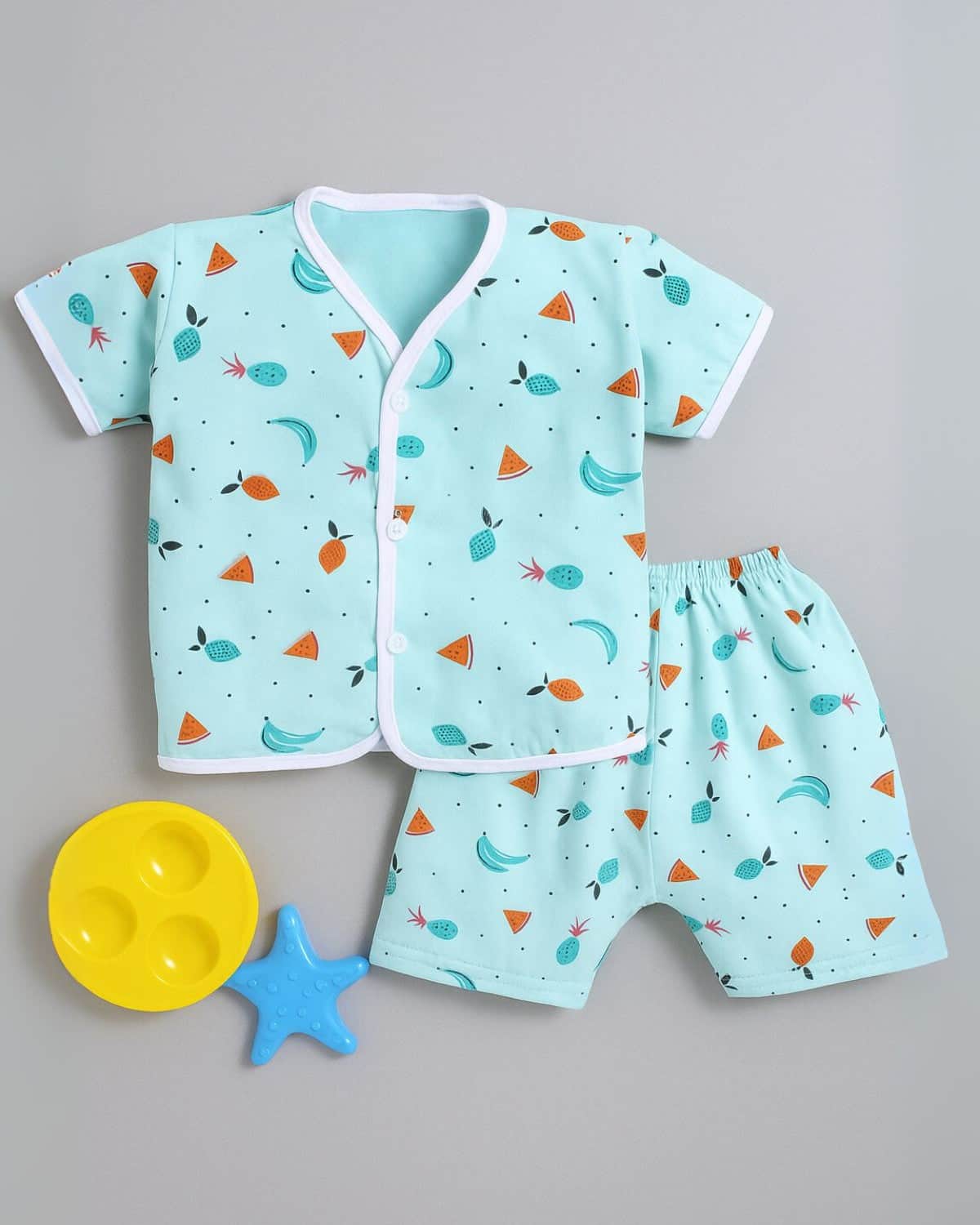 Little Angels Kids Fruit Print Summer Top & Shorts Set | Breathable Cotton Loungewear Combos Fruit Print Half-Sleeve Top & Shorts Set 0-3 M / Green / Cotton