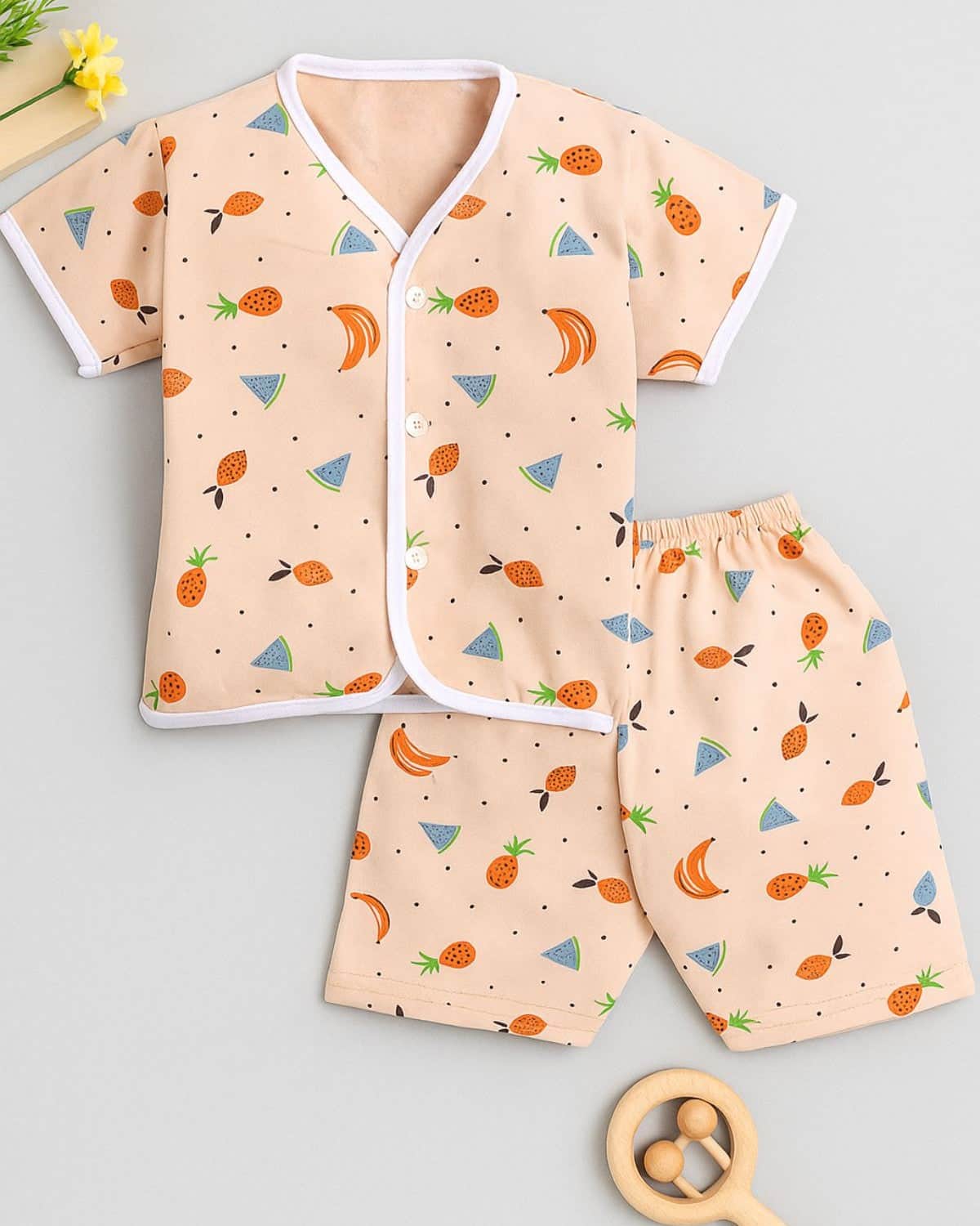 Little Angels Kids Fruit Print Summer Top & Shorts Set | Breathable Cotton Loungewear Combos Fruit Print Half-Sleeve Top & Shorts Set 0-3 M / Peach / Cotton