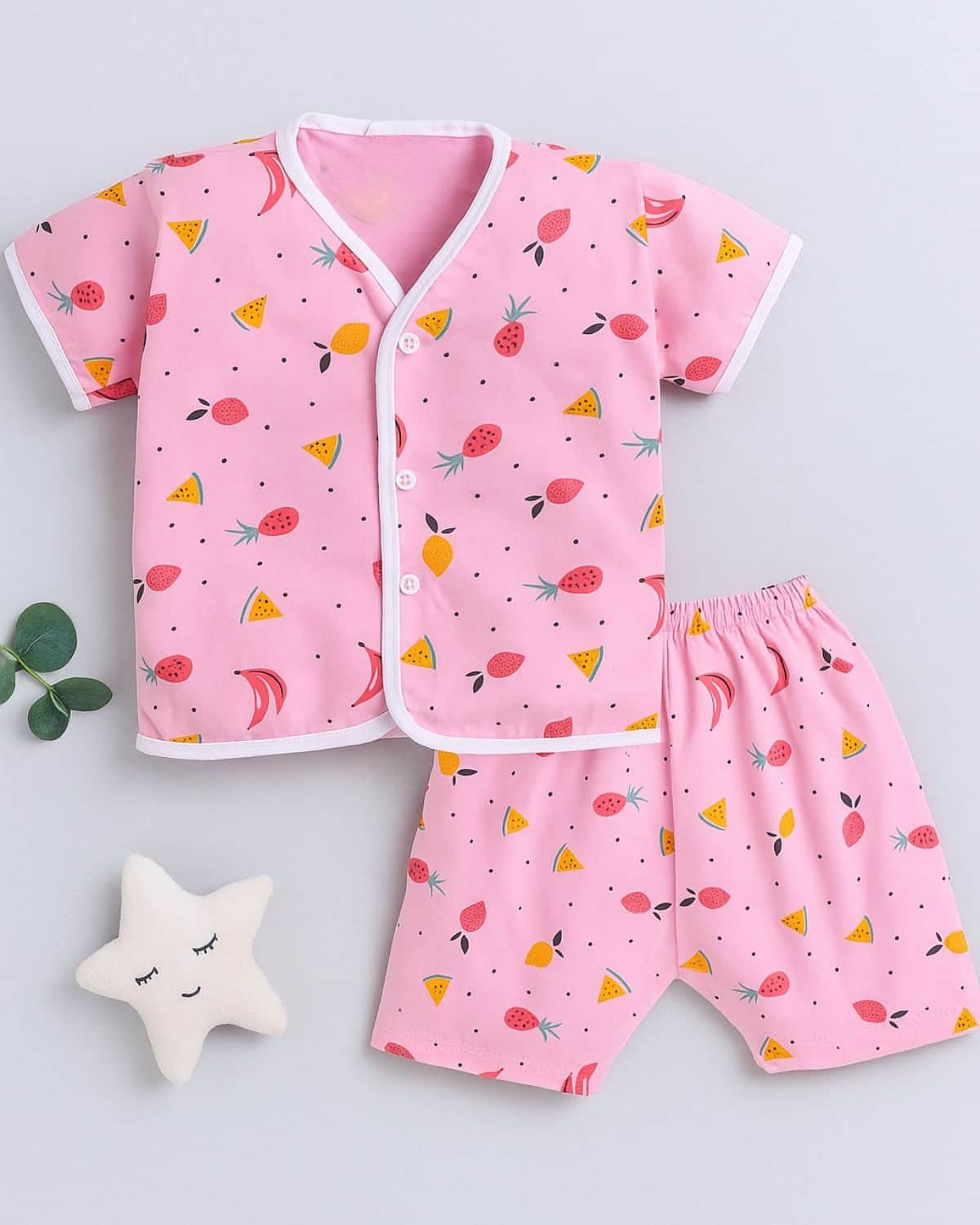 Little Angels Kids Fruit Print Summer Top & Shorts Set | Breathable Cotton Loungewear Combos Fruit Print Half-Sleeve Top & Shorts Set 0-3 M / Pink / Cotton