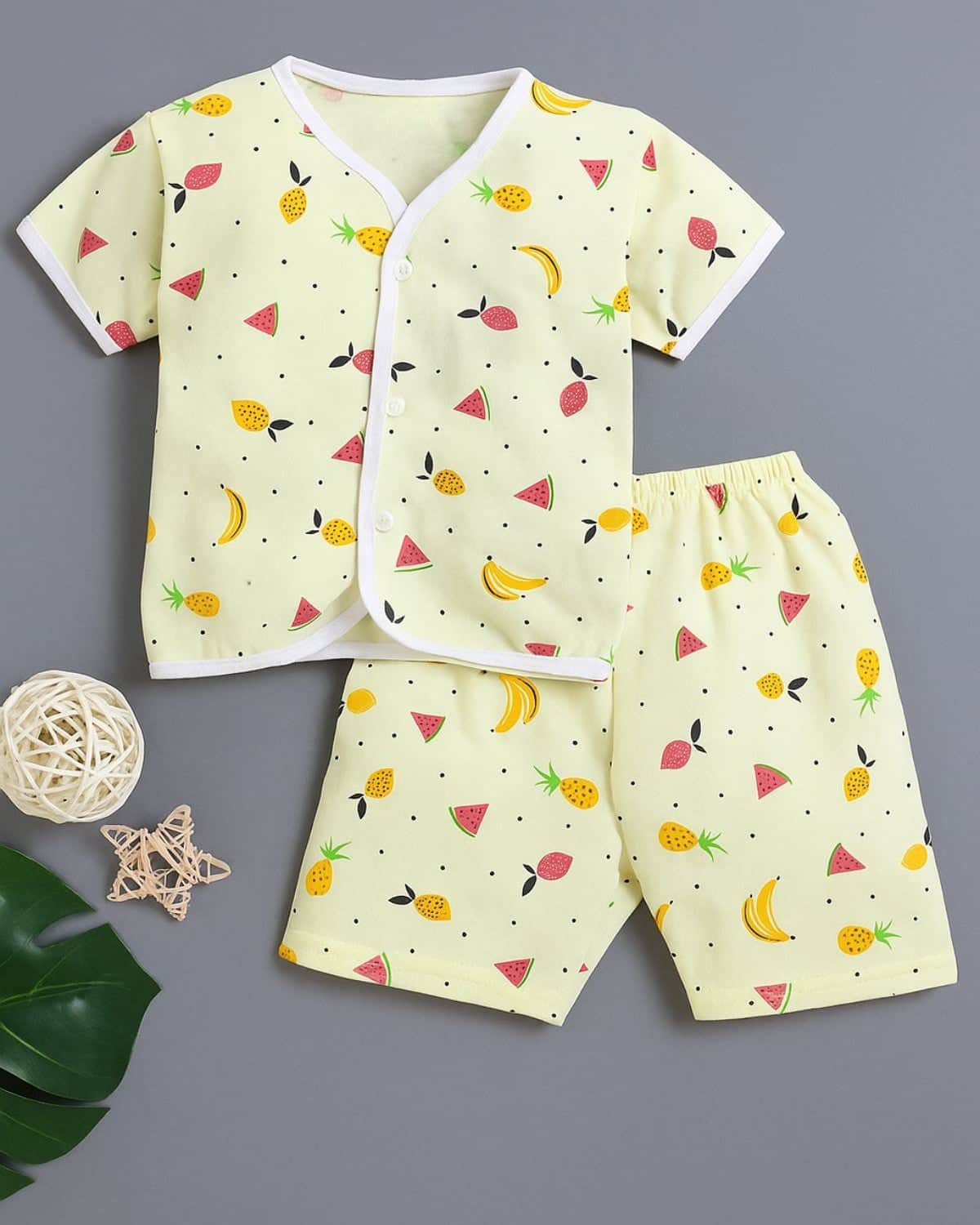 Little Angels Kids Fruit Print Summer Top & Shorts Set | Breathable Cotton Loungewear Combos Fruit Print Half-Sleeve Top & Shorts Set 0-3 M / Yellow / Cotton