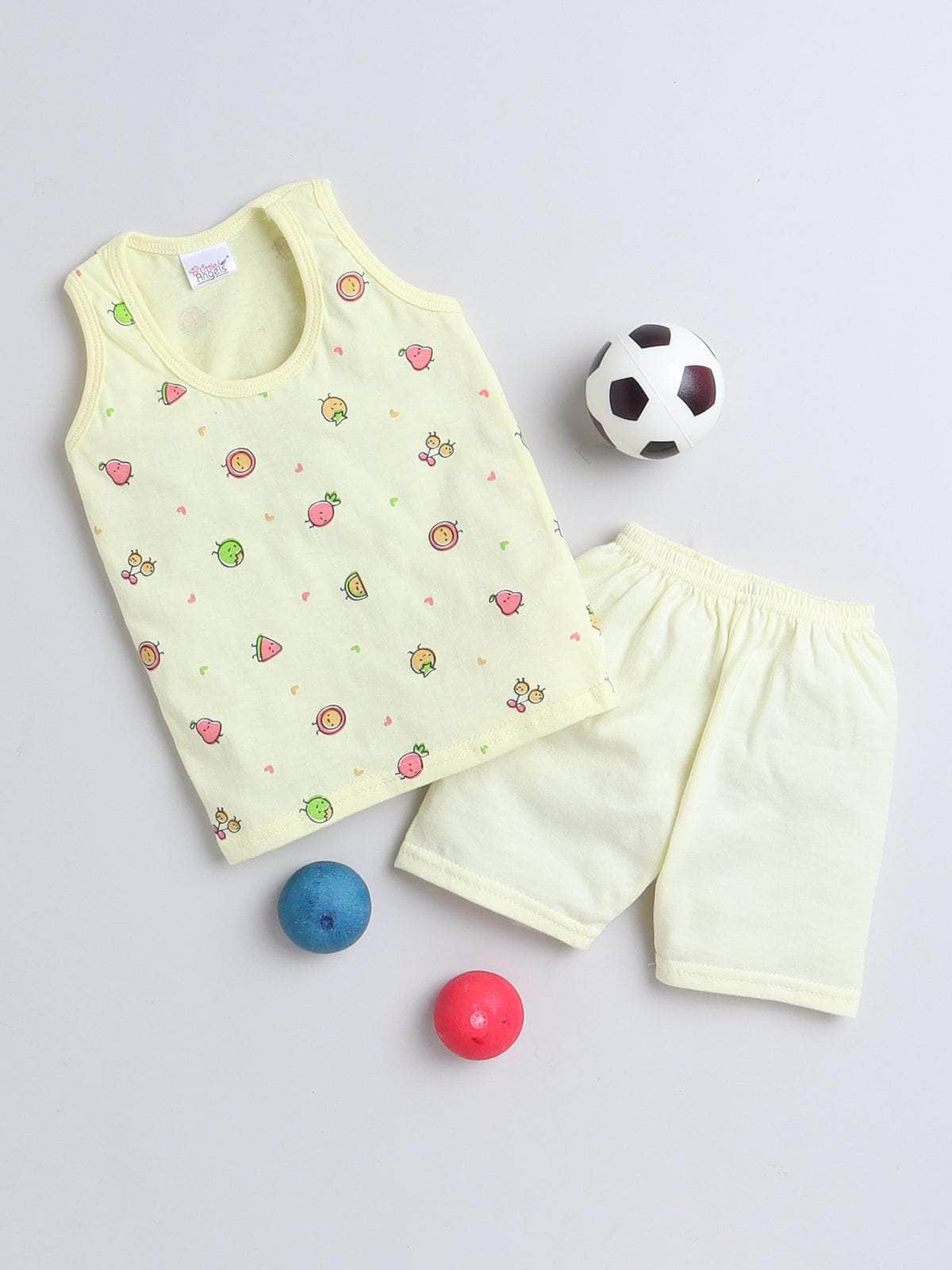 Little Angels Little Angels Scoop Neck Yellow Cotton Sleeveless Printed Vest & Solid Shorts For Baby Boys Combos Move & Groove Top and Shorts