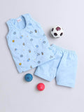 Little Angels Little Angels Scoop Neck Cotton Blue Sleeveless Printed Vest & Solid Shorts For Baby Boys Combos Move & Groove Top and Shorts
