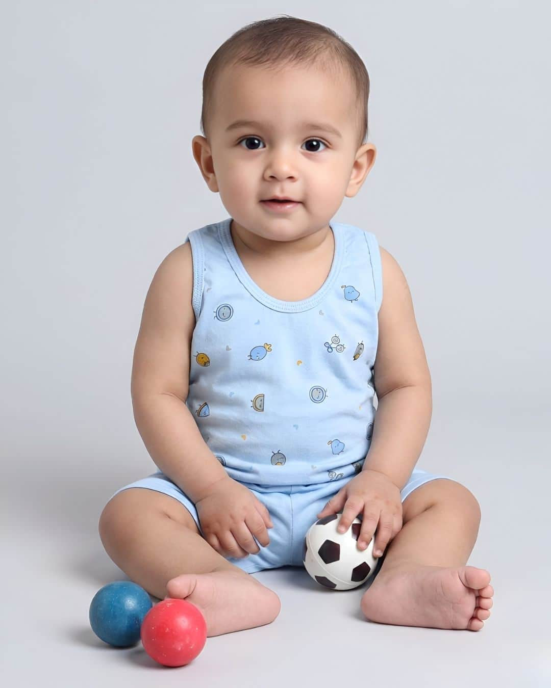 Little Angels Little Angels Scoop Neck Cotton Blue Sleeveless Printed Vest & Solid Shorts For Baby Boys Combos Move & Groove Top and Shorts 3-6M / Blue / Cotton