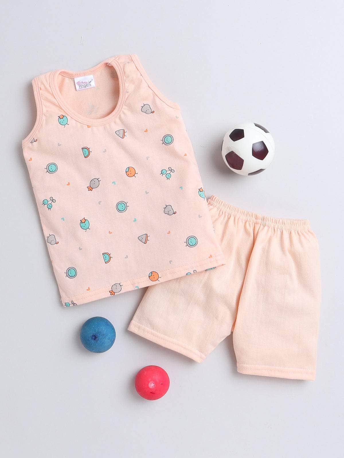 Little Angels Little Angels Scoop Neck Cotton Blue Sleeveless Printed Vest & Solid Shorts For Baby Boys Combos Move & Groove Top and Shorts 3-6M / Peach / Cotton