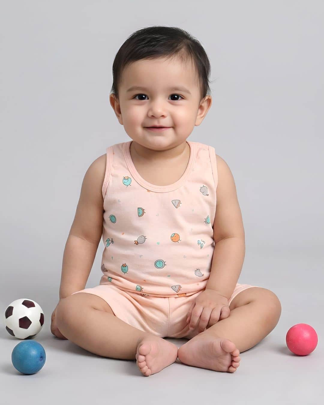 Little Angels Little Angels Scoop Neck Cotton Blue Sleeveless Printed Vest & Solid Shorts For Baby Boys Combos Move & Groove Top and Shorts 3-6M / Peach / Cotton